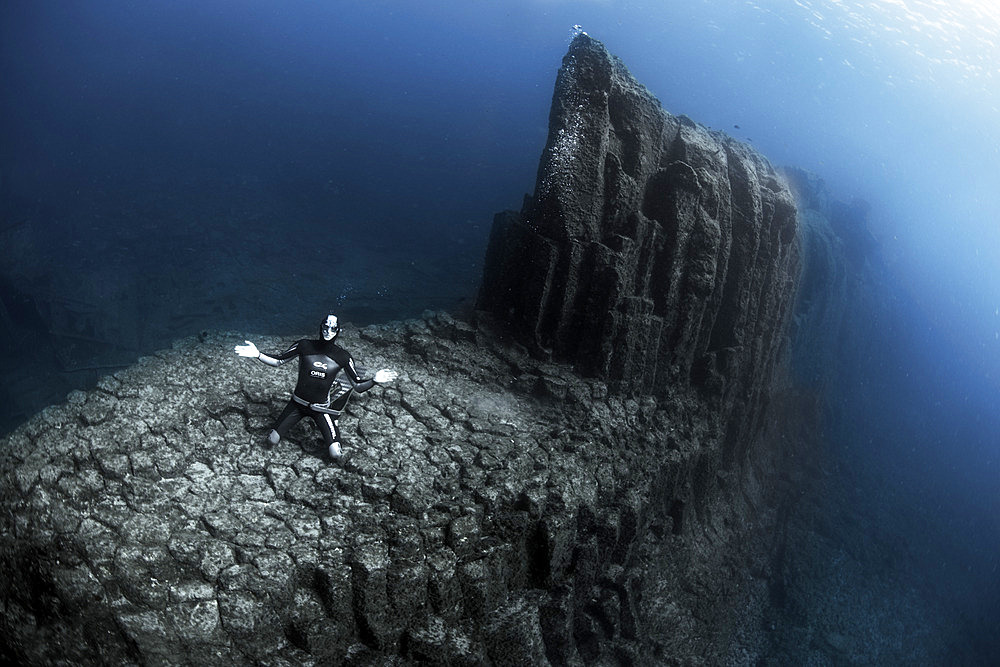 Volcanic underwater beds, Tenerife. The image shows the top of an underwater mountain formed by basaltic columns (columnar disjunction. Canary Islands.