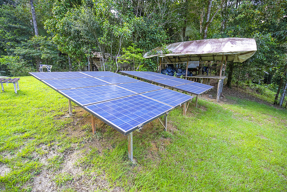 Camp inselberg, scientific station in the Nouragues nature reserve. Solar panels on the camp which, together with a turbine;hydraulic energy), provide independent electrical power - Regina, French Guiana.