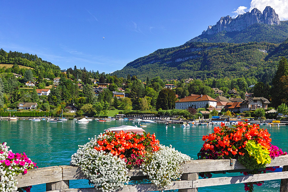 Town of Talloires-Montmin , view of Lake Annecy from a jetty with flower boxes, Haute Savoie Department, Auvergne-Rhone-Alpes Region, France