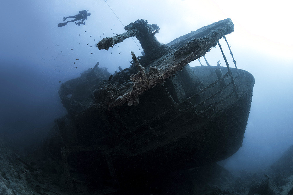 Wreck, sunken ship. The SS THISTLEGORM is considered one of the most spectacular shipwrecks in the world for its scenic beauty. Flying the English flag, it was attacked and sunk by German bombers when heading towards the Suez Canal;October 1941). Their cargo is without a doubt one of the most peculiar that we can find under the surface of the seas: motorcycles, jeeps, military clothing, bullets, airplane wings, machine guns and a couple of locomotives and trucks. Sinai Peninsula. Red Sea, Egypt.