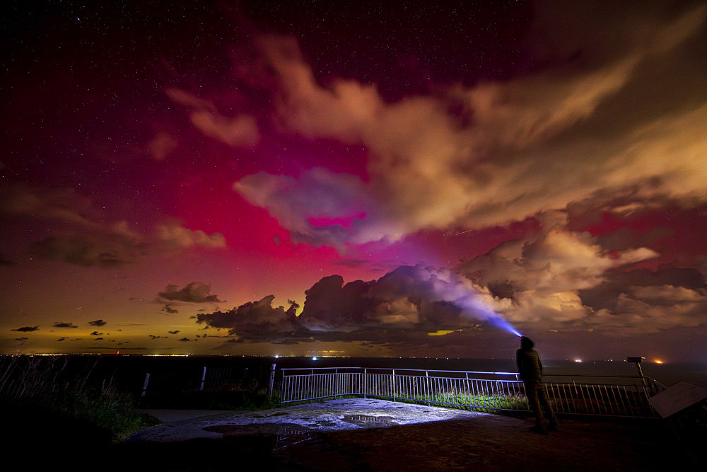 Aurora borealis at Cap Blanc-nez, Cote d'Opale, France, October 10, 2024