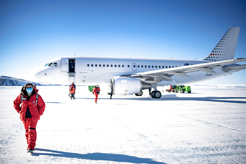 The airbus A320 landed on the pack ice of Terra Nova Bay, where the Mario Zucchelli base is located. Beneath its wheels lay 1.3m of ice and 300m of ocean. Victoria land, Antarctica