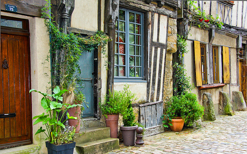 Half-timbered house with lots of plants on the facade in Old Mans, Sarthe, France