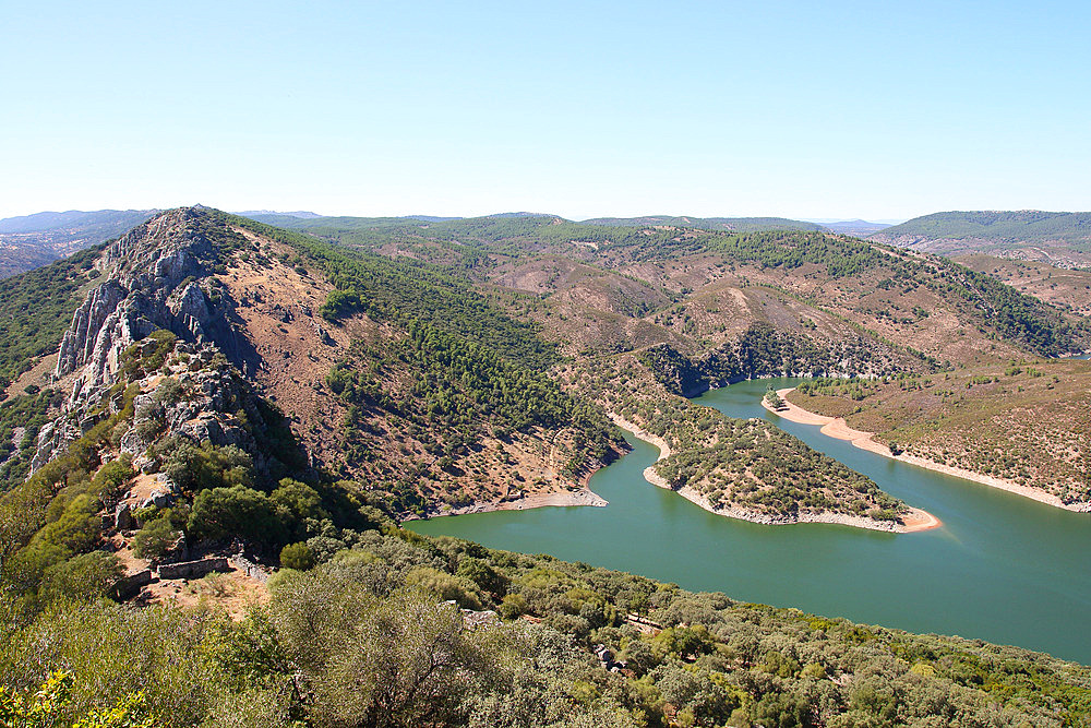 Tagus River upstream of the "gypsy jump", breakthrough in the cliff, from the hermitage 500 m above sea level, Monfraguee NP, Spain