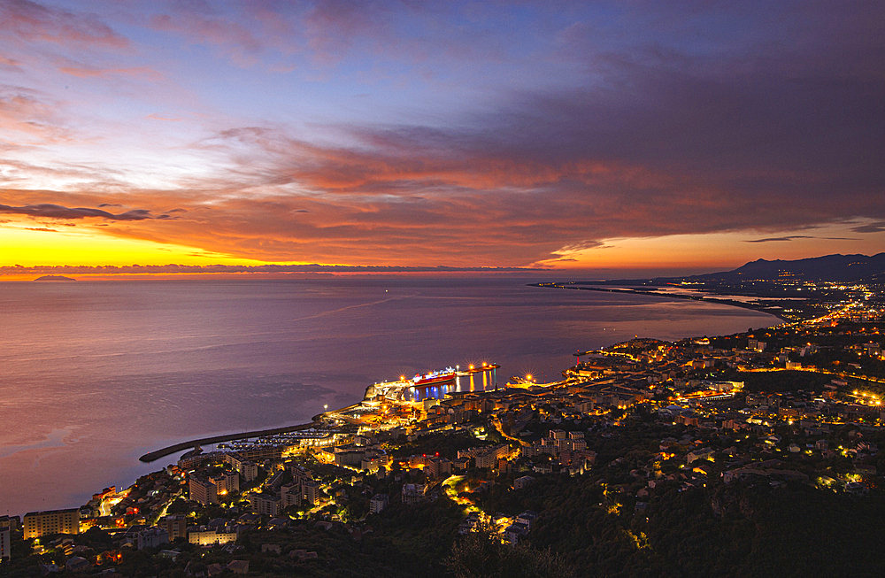 Bastia from the Corniche road linking San Martino di Lota to Ville di Pietrabugno, its town center and three ports. Haute-Corse, France