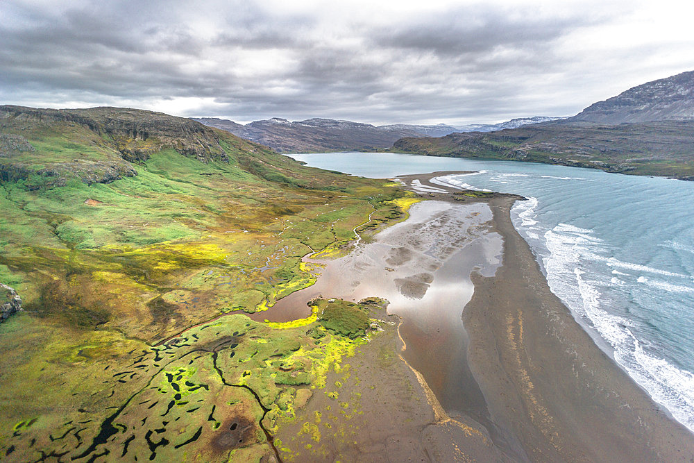 Fjord Larose. Flying over Fjord Larose. Rallier du Baty Peninsula, Kerguelen archipelago.