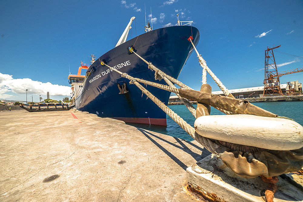 The Marion on Reunion Island. The Marion Dufresne, an oceanographic and logistics vessel, is the supply ship for the Subantarctic Islands. Here, she's docked at La Reunion.