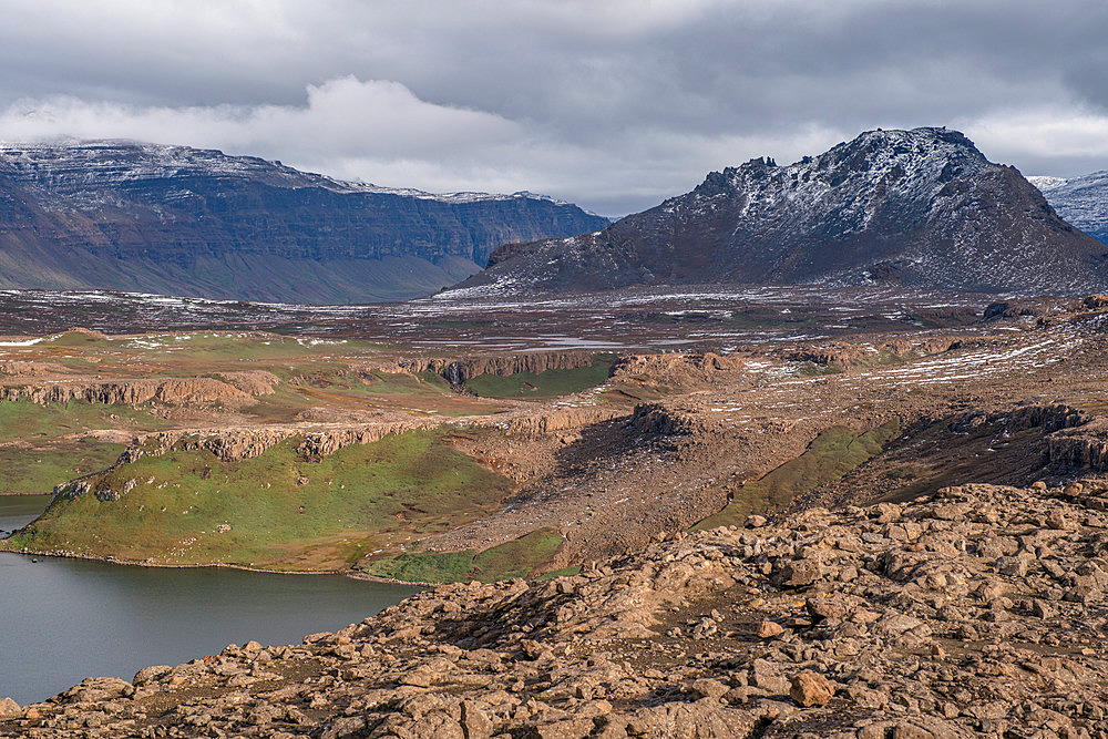 View of Volcan du Diable. Right: Mt Puy-St-Theodule. Grande Terre, Kerguelen archipelago.
