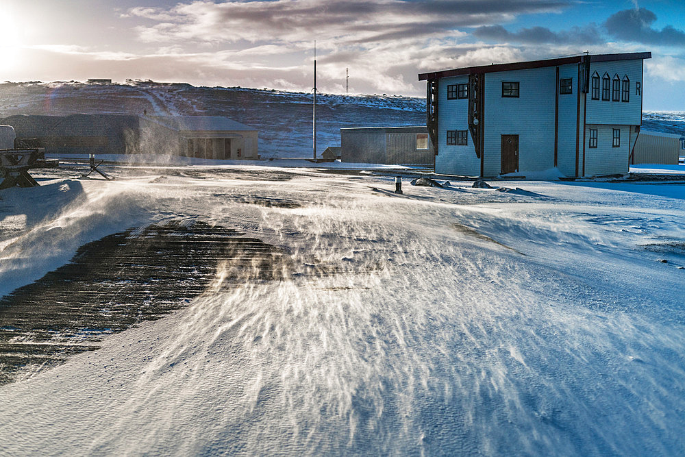 Wind lifting the snow, Port-aux-Francais, Kerguelen Islands