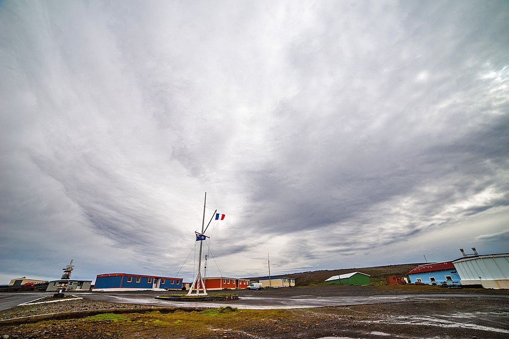 The Port-aux-Francais base. The TAAF (Terres Australes et Antarctiques Francaises) and French flags were hoisted. Kerguelen Archipelago