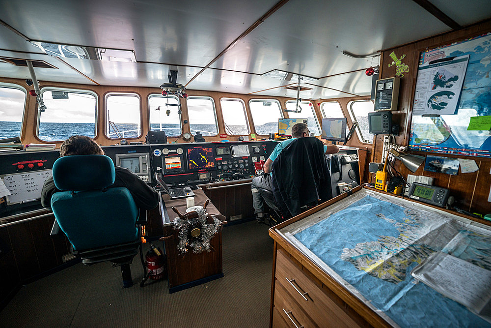 View from the bridge of La Curieuse. This 25m-long vessel is used to drop off and pick up scientific and technical teams anywhere outside the Gulf. Kerguelen Archipelago