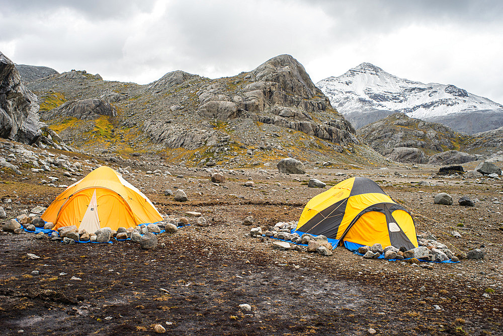 Extra tents at the Deux Freres hut. Rallier du Baty Peninsula, South-West Kerguelen.