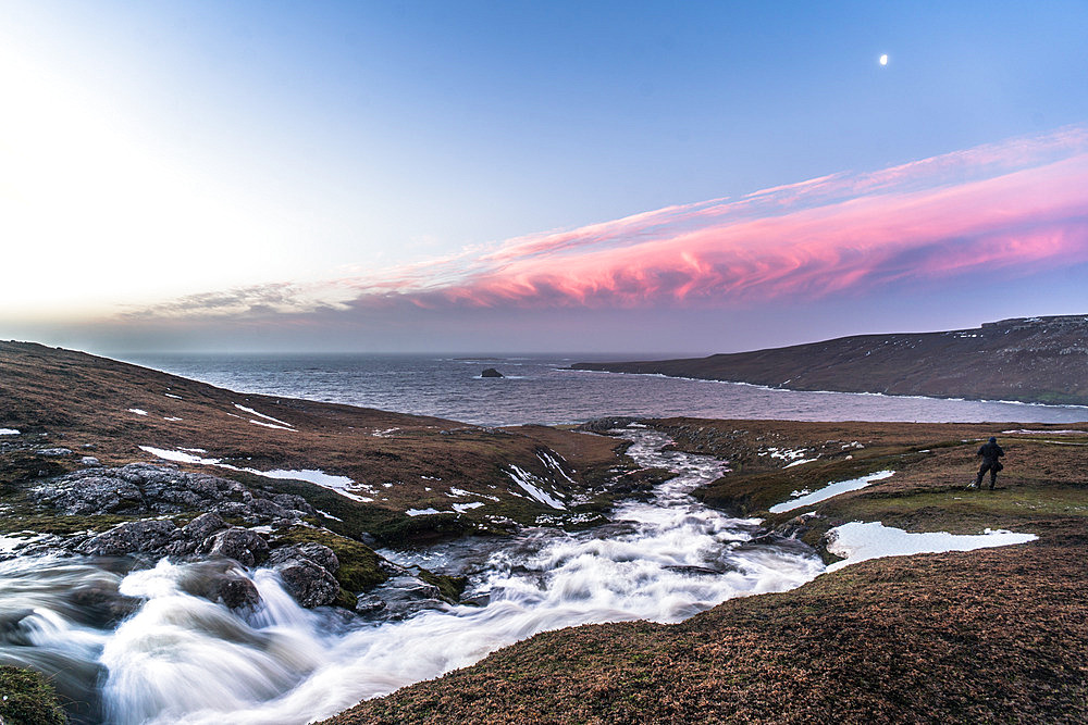 Unforgettable sunset near the Baie Charrier hut. Courbet Peninsula, Kerguelen archipelago.