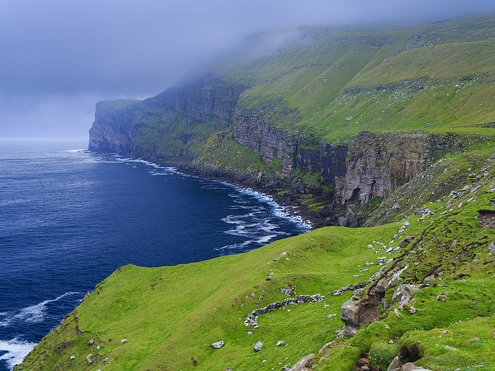 The cliffs at Mucklaberg's Wick. Landscape on Foula, part of the Shetland Islands. Europe, Great Britain, Scotland, Northern Isles, Shetland Islands