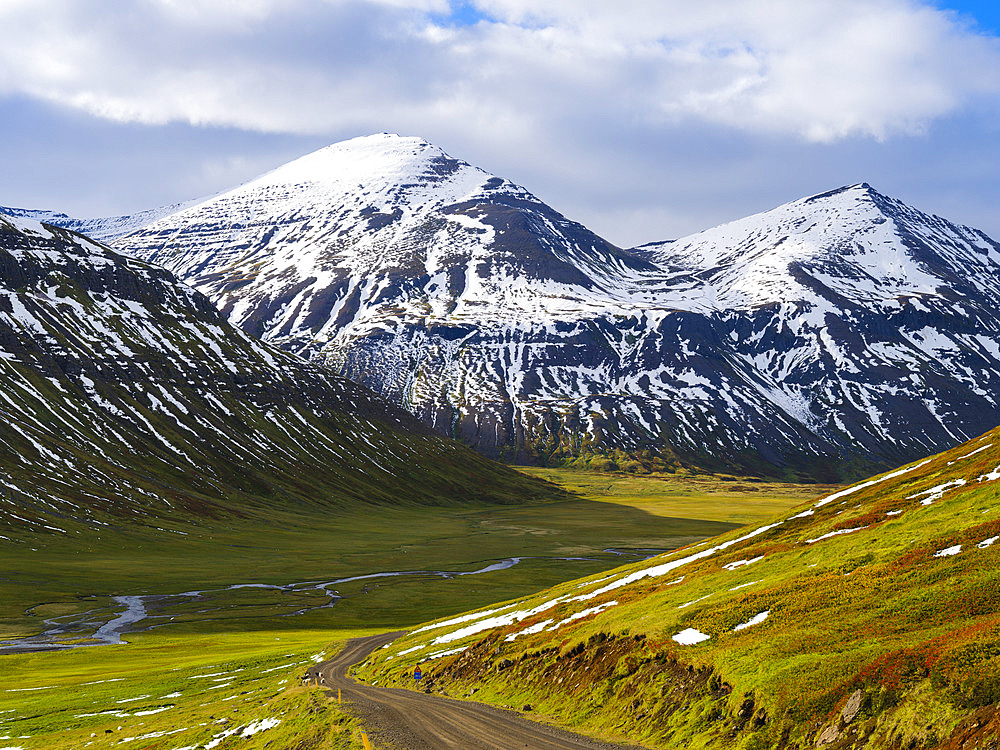 Valley Fljotadalur. Landscape on the Troellaskagi Peninsula during autumn in northern Iceland. Europe, Northern Europe, Iceland
