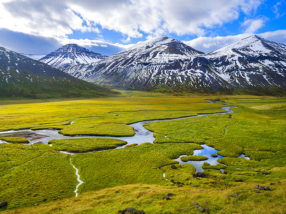 Valley Fljotadalur. Landscape on the Troellaskagi Peninsula during autumn in northern Iceland. Europe, Northern Europe, Iceland