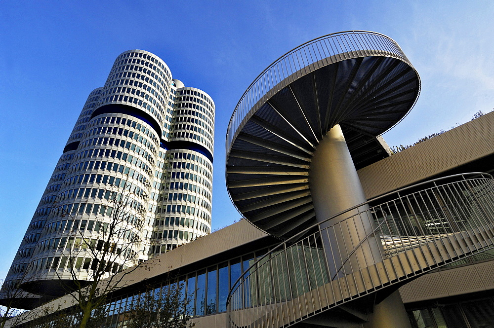 BMW high-rise office building modern architecture in the foreground building with a spiral staircase Munich Bavaria Germany