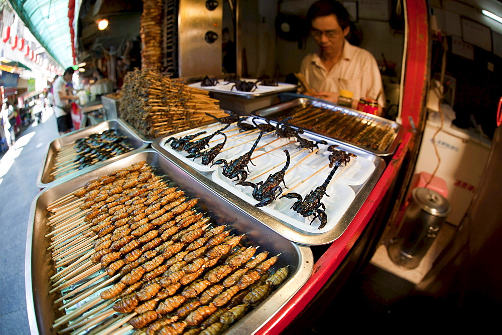 Deep fried and on a stick scorpions silkworms beetles crickets centipedes and spiders for sale at a food stand in Guangzhou China