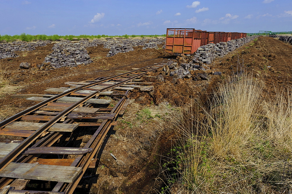 pieces of peat piled up for drying and prepared for transportation Lower Saxony Germany