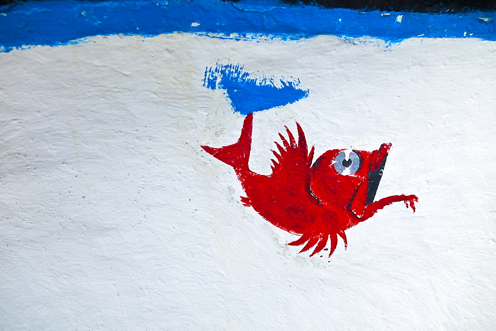 wall painting mural depicting red fish on white blue background outdoors gurnard scorpion fish Puerto Espv?ndola Isla La Palma Santa Cruz Province Canary Islands Spain CANARY ISLANDS ESPANDOLA VILLAGE The Palm Iceland 