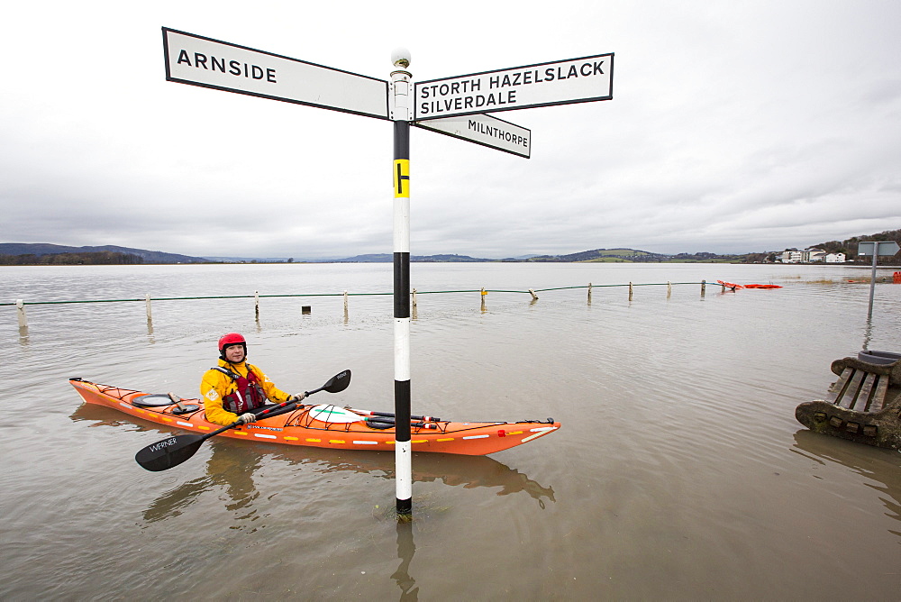 Kayakers in the flood waters on the road at Storth on the Kent Estuary in Cumbria, UK, during the January 2014 storm surge and high tides.