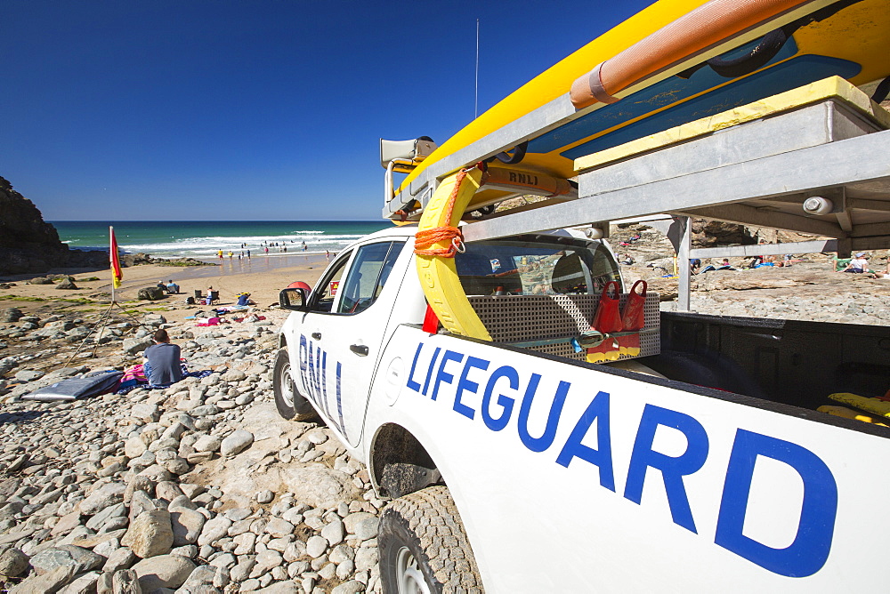 A lifeguard vehicle at Chapel Porth on the Cornish coast, near St Agnes.