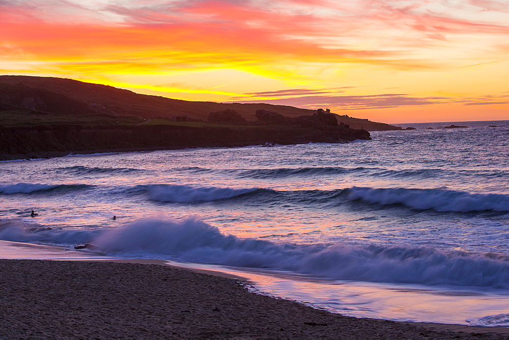 Sunset from Porthmeor beach in St Ives, Cornwall, UK.