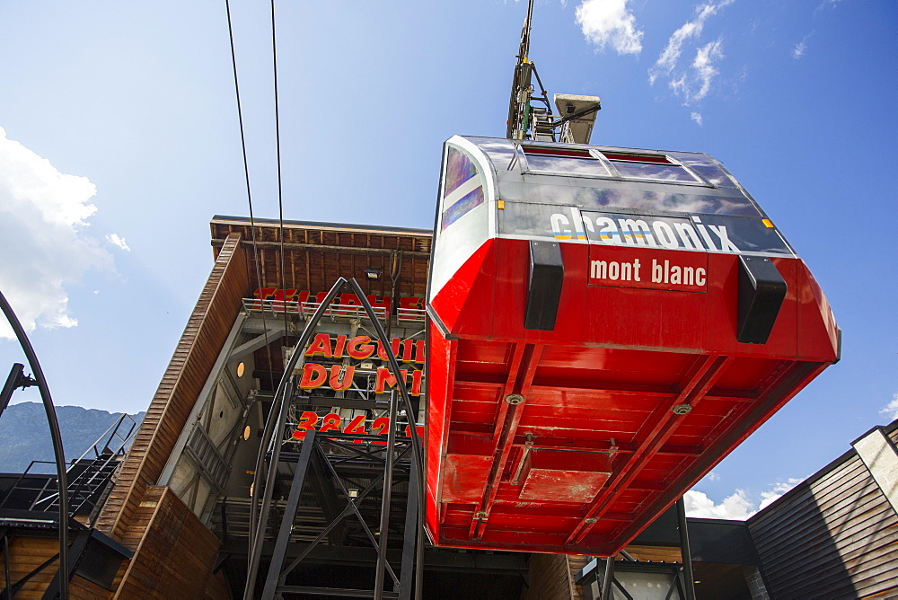 The Aiguille Du Midi cable car above Chamonix, France.