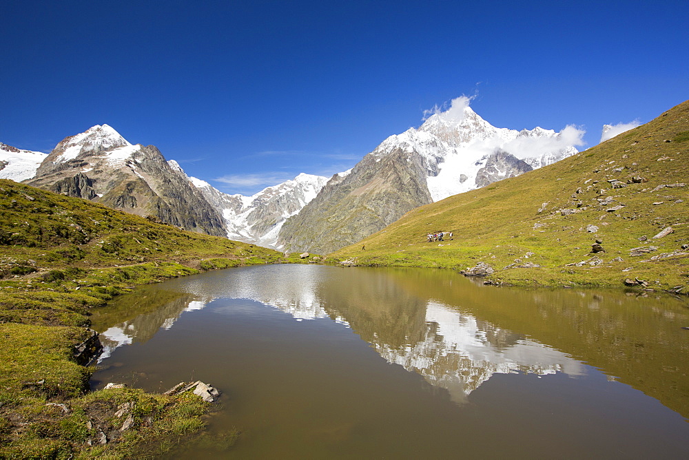 Looking towards Mont Blanc and the Glacier du Miage from above Val Veny, Italy.