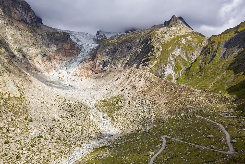 The rapidly receding Glacier de pre de Bar in the Mont Blanc range, Italy.