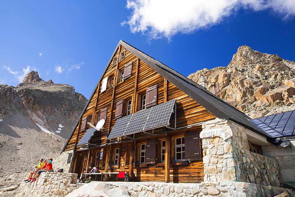 Solar panels on the Cabanne D' Orny in the Swiss Alps, providing electricty for this off grid mountain hut at over 10,000 feet.