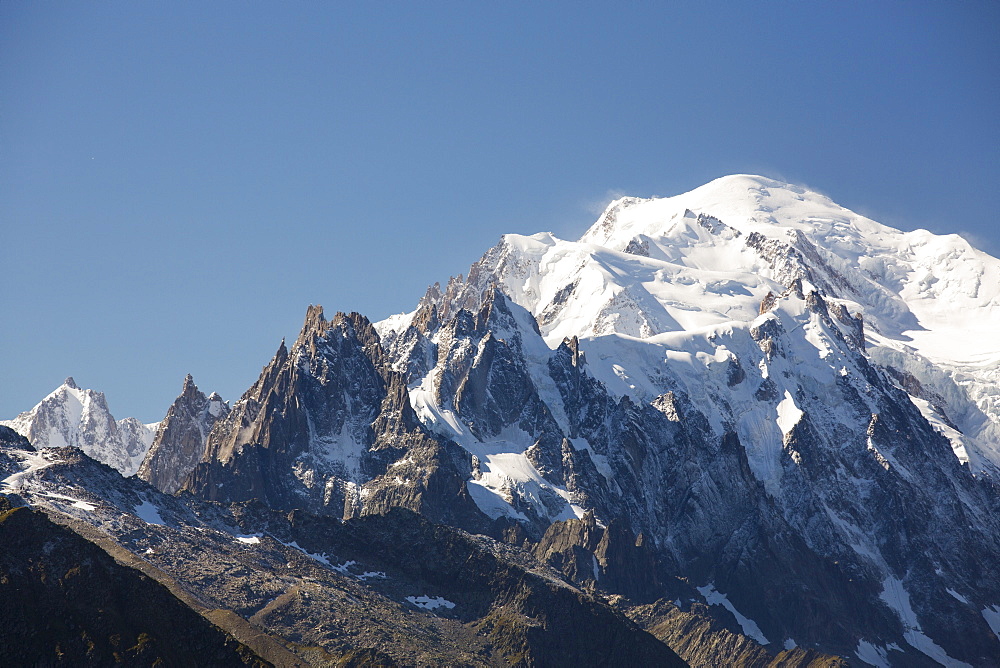 Mont Blanc, Mont Blanc du Tacul and Mont Maudit above Chamonix, French Alps.