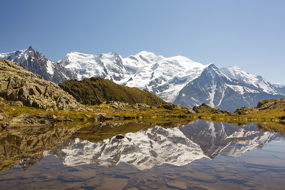 Mont Blanc and the Bossons glacier from the Aiguille Rouge, France.