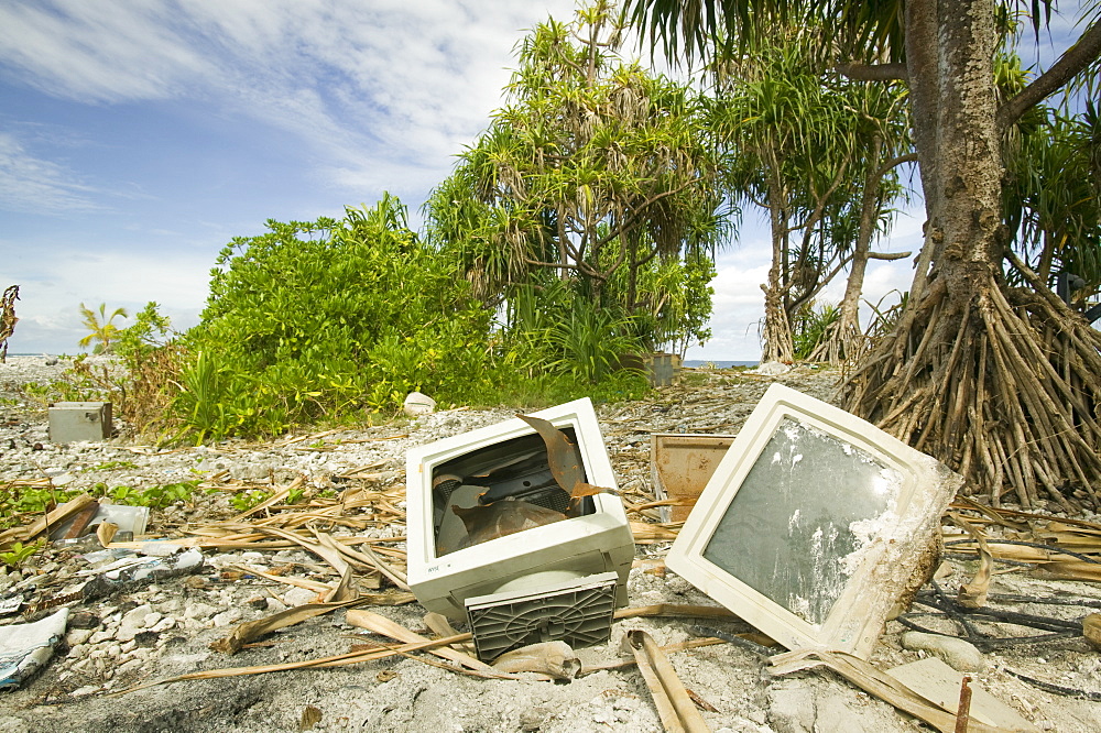 Computer parts discarded in a lagoon on Funafuti Atoll, Tuvalu, Pacific