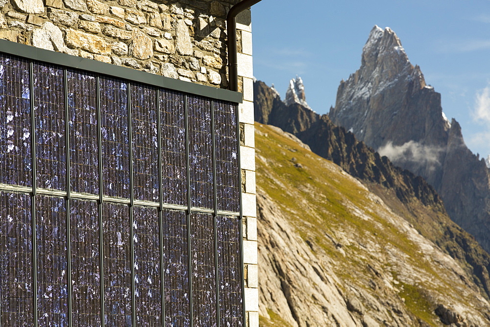 Solar panels on a visitor centre in the Vallon de la Lex Blanche below Mont Blanc, Italy, on the Tour de Mont Blanc long distance footpath.