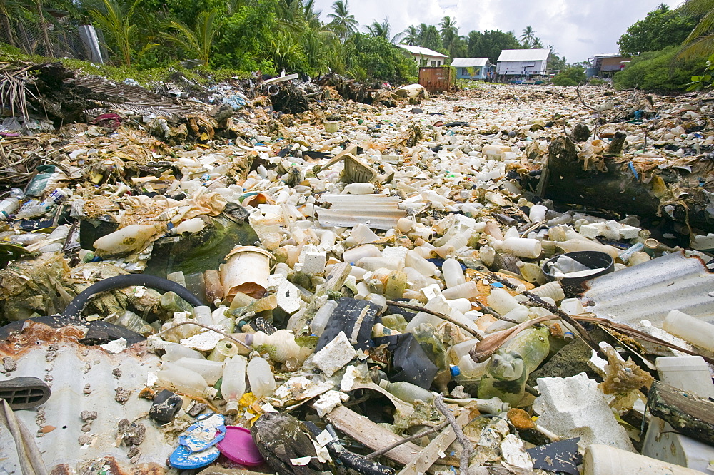 Plastic rubbish discarded in a lagoon on Funafuti Atoll, Tuvalu, Pacific