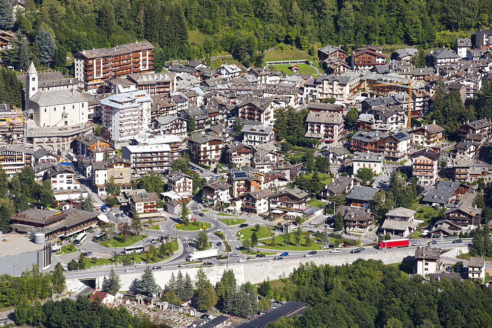 Looking down on Courmayeur in the Italian Alps below Mont Blanc.