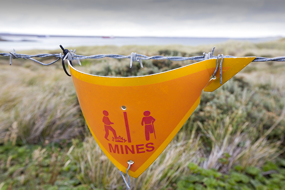 A warning sign about the presence of Argentinian mines on the Falkands, left over from the 1980's Falklands conflict when Argentina invaded the islands.