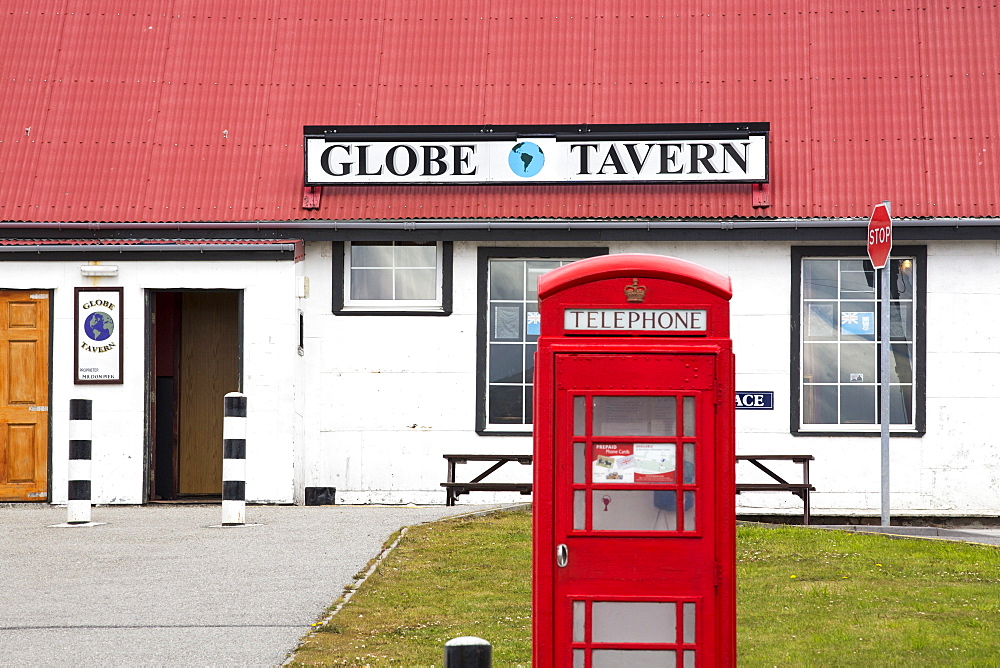 A pub and English phone box in Port Stanley, the capital of the Falkland Islands.