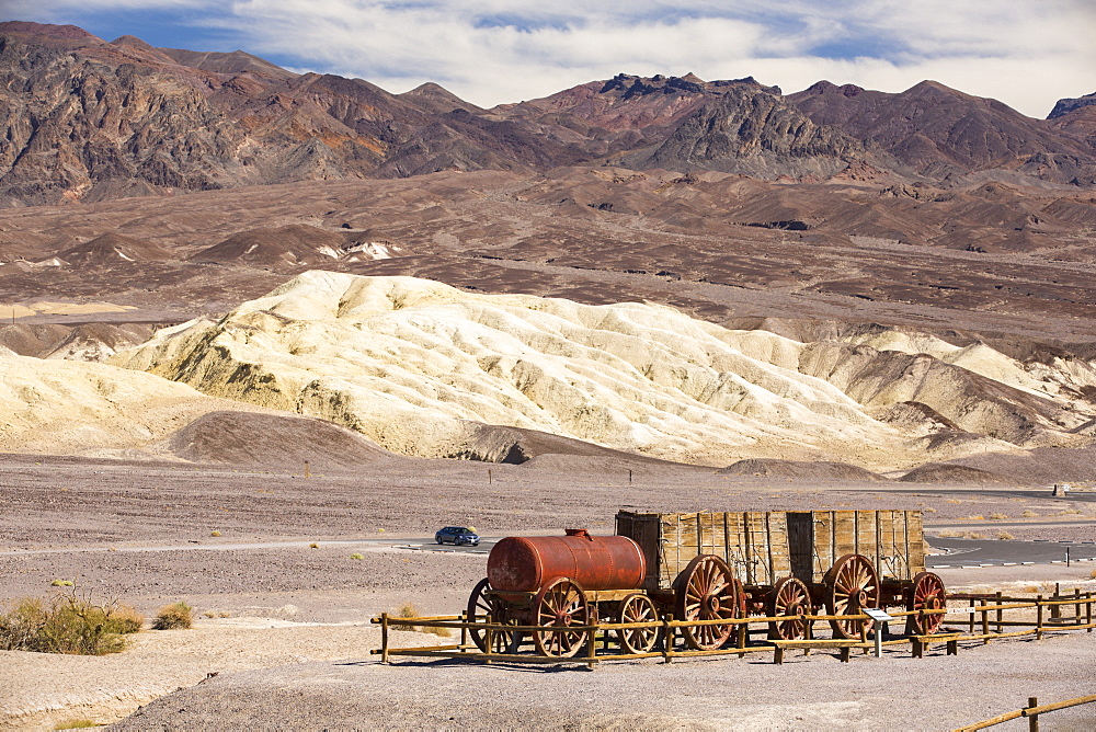 An old wagon train at the Harmony Borax works in Death Valley which is the lowest, hottest, driest place in the USA, with an average annual rainfall of around 2 inches, some years it does not receive any rain at all.