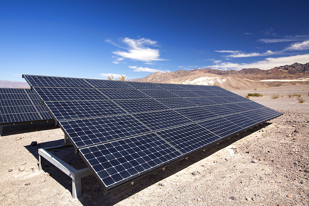 Solar panels at the Furnace Creek Visitor Centre in Death Valley. Death Valley is the lowest, hottest, driest place in the USA, with an average annual rainfall of around 2 inches, some years it does not receive any rain at all.