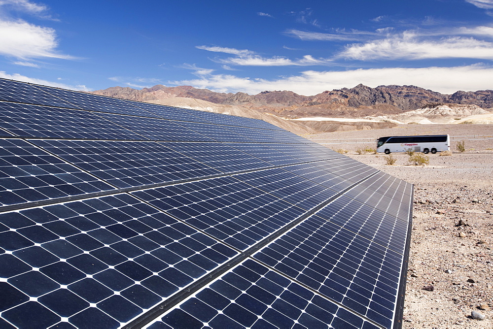 Solar panels at the Furnace Creek Visitor Centre in Death Valley. Death Valley is the lowest, hottest, driest place in the USA, with an average annual rainfall of around 2 inches, some years it does not receive any rain at all.