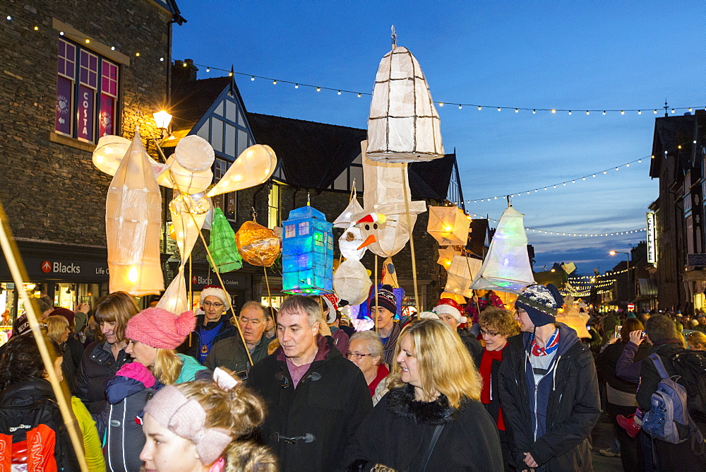 The lantern procesion at the Christmas lights switch on in Ambleside, Lake District, UK.