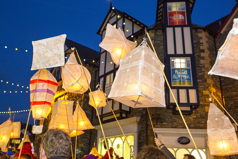 The lantern procesion at the Christmas lights switch on in Ambleside, Lake District, UK.