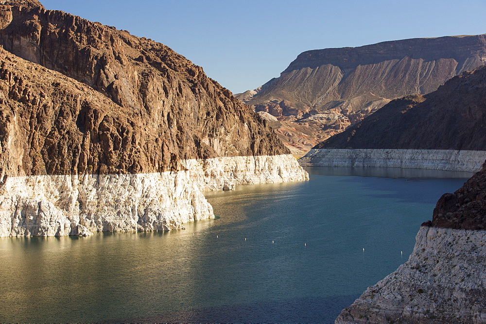 Lake Mead, Nevada, USA. The lake is at a very low level due to the four year long drought, with the boundary of where the water used to reach, clearly visible.