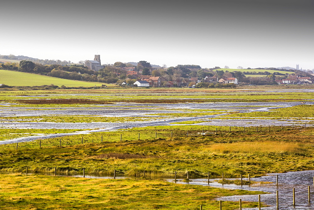 Coastal flooding on fields at salthouse on the North Norfolk coast, UK.