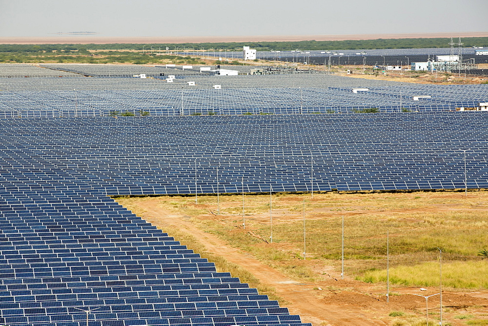 Asia's largest solar popwer station, the Gujarat Solar Park, in Gujarat, India. It has an installed capacity of 1000 MW