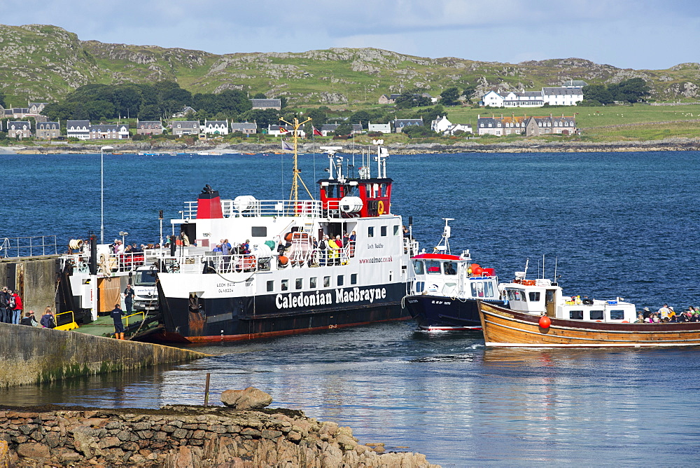 The Iona ferryat Fionnphort, on the Isle of Mull, Scotland, UK, with Iona in the background.