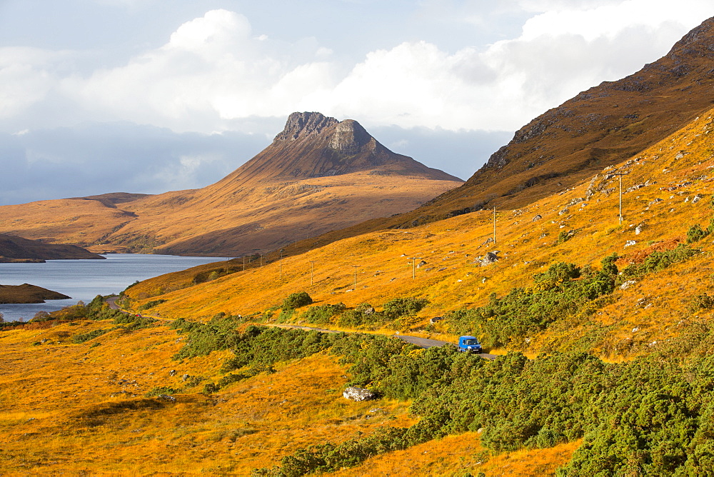 Deer Grass, coloured orange in the Autumn time below Stac Pollaidh in Assynt, North West Highlands, Scotland, UK.