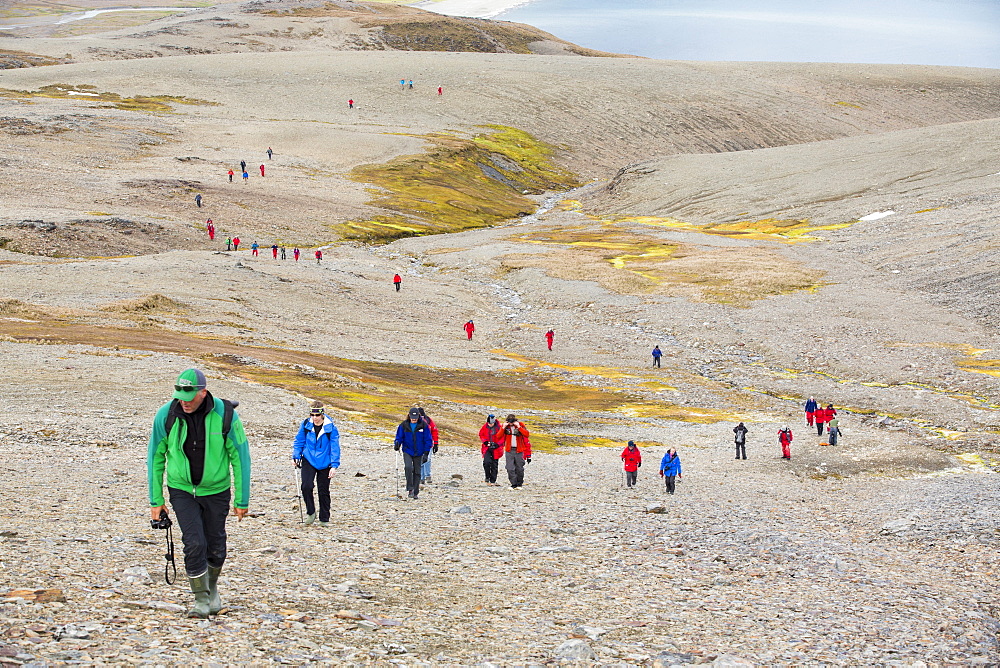 Passengers on an expedition cruise to Anarctica recreat part of Shakleton's famous walk across South Georgia. The group are walking from Fortuna Bay to Stromness.